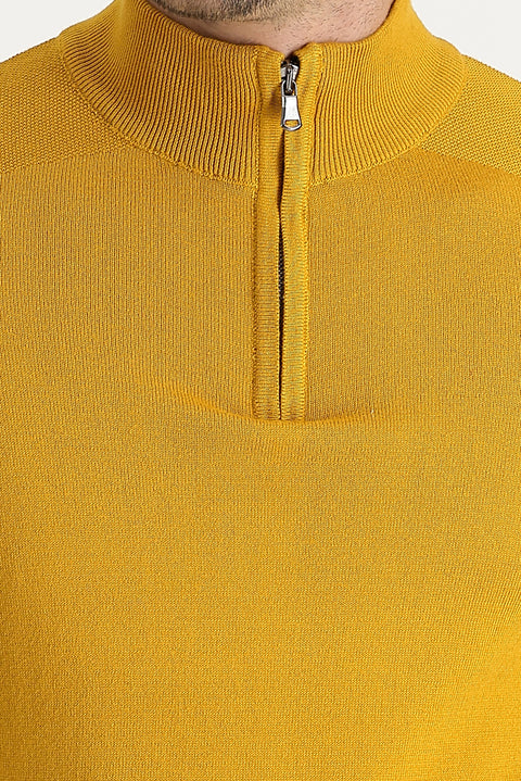 Saffron Half Turtleneck Regular Fit Zip-Up Patterned Cotton Knit Sweater