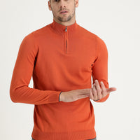 Tile-colored Half Turtleneck Regular Fit Zip-Up Patterned Cotton Knit Sweater