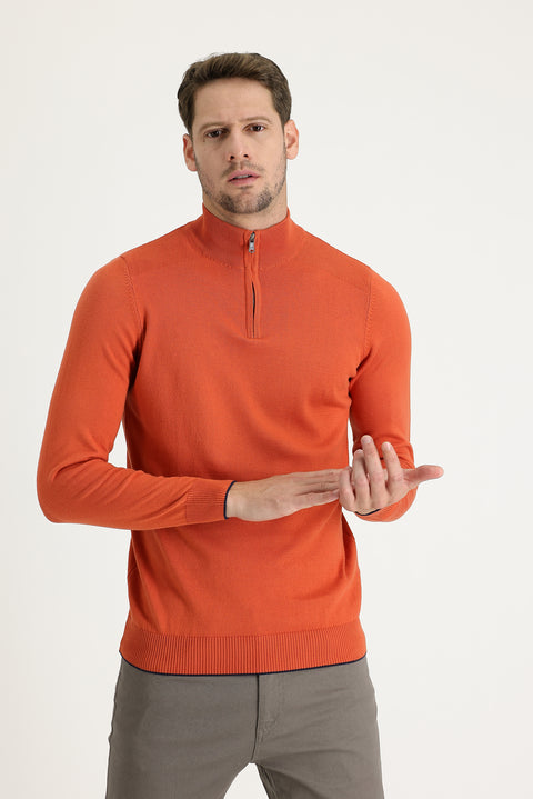 Tile-colored Half Turtleneck Regular Fit Zip-Up Patterned Cotton Knit Sweater
