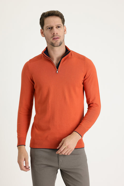 Tile-colored Half Turtleneck Regular Fit Zip-Up Patterned Cotton Knit Sweater
