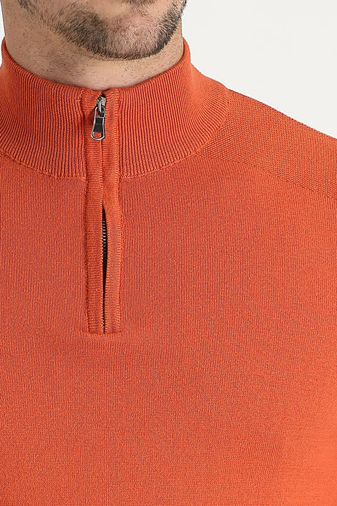 Tile-colored Half Turtleneck Regular Fit Zip-Up Patterned Cotton Knit Sweater