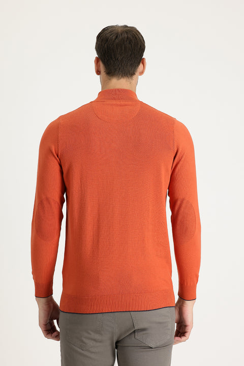 Tile-colored Half Turtleneck Regular Fit Zip-Up Patterned Cotton Knit Sweater