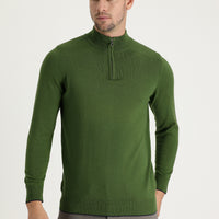 Olive Green Half Turtleneck Regular Fit Zip-Up Patterned Cotton Knit Sweater
