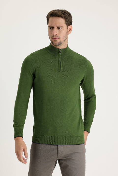 Olive Green Half Turtleneck Regular Fit Zip-Up Patterned Cotton Knit Sweater