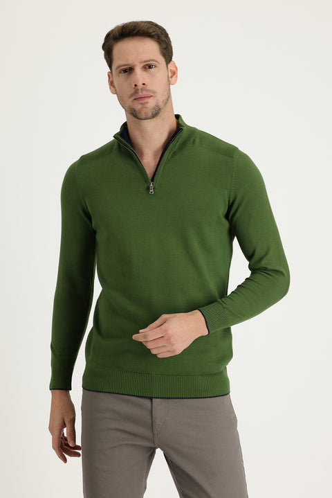 Olive Green Half Turtleneck Regular Fit Zip-Up Patterned Cotton Knit Sweater