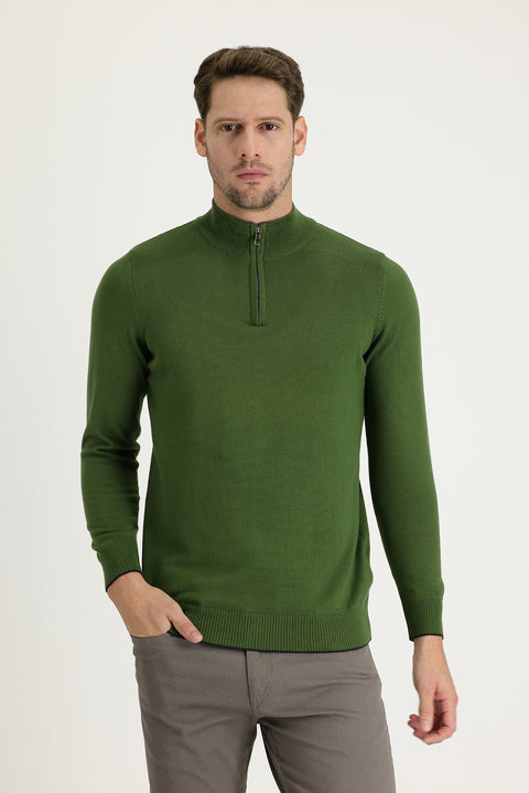 Olive Green Half Turtleneck Regular Fit Zip-Up Patterned Cotton Knit Sweater