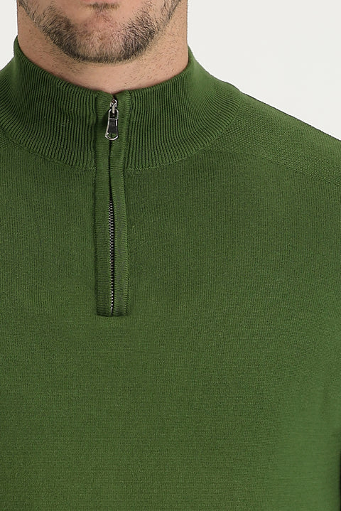 Olive Green Half Turtleneck Regular Fit Zip-Up Patterned Cotton Knit Sweater