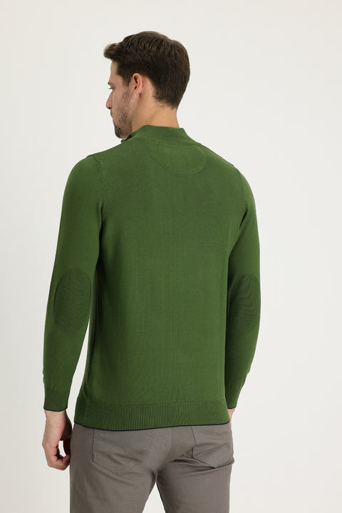 Olive Green Half Turtleneck Regular Fit Zip-Up Patterned Cotton Knit Sweater