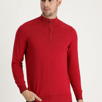Red Turtleneck Regular Fit Zip-Up Patterned Cotton Knit Sweater
