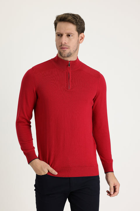 Red Turtleneck Regular Fit Zip-Up Patterned Cotton Knit Sweater