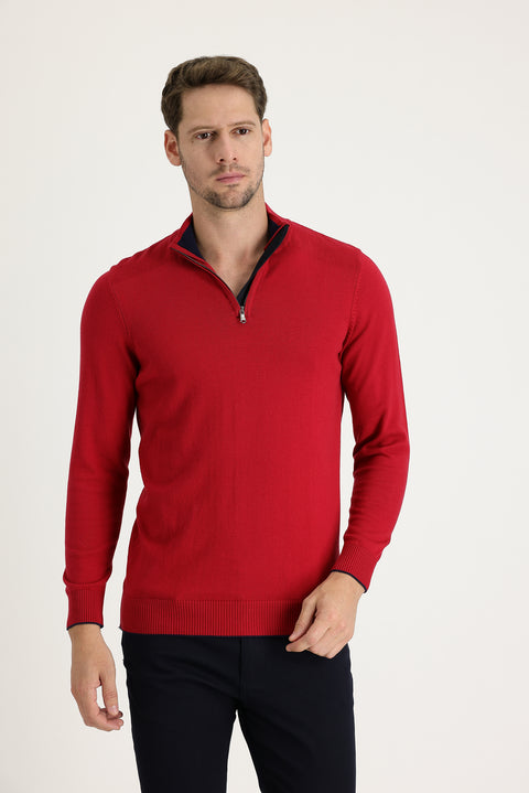 Red Turtleneck Regular Fit Zip-Up Patterned Cotton Knit Sweater