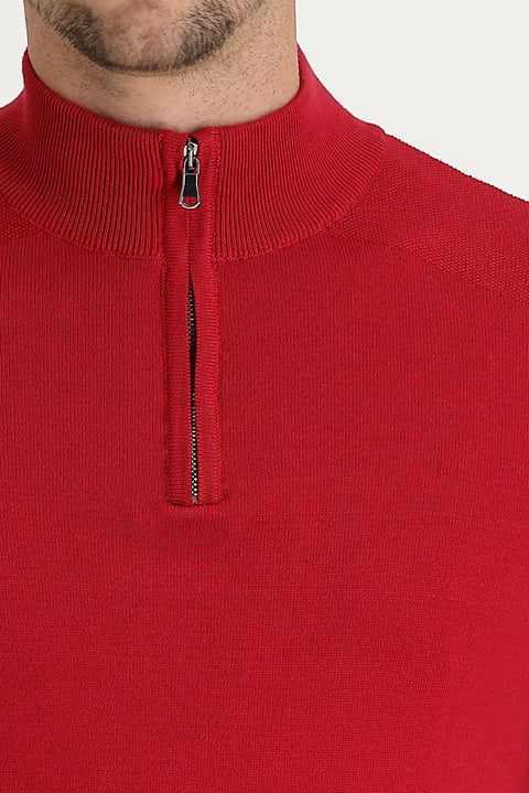 Red Turtleneck Regular Fit Zip-Up Patterned Cotton Knit Sweater