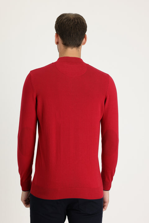 Red Turtleneck Regular Fit Zip-Up Patterned Cotton Knit Sweater