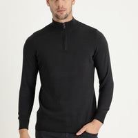 Medium Anthracite Semi-Turtleneck Regular Fit Zip-Up Patterned Cotton Knit Sweater
