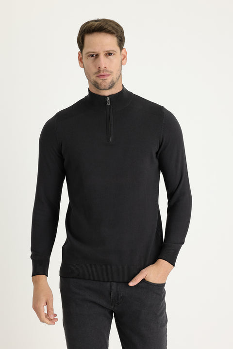 Medium Anthracite Semi-Turtleneck Regular Fit Zip-Up Patterned Cotton Knit Sweater