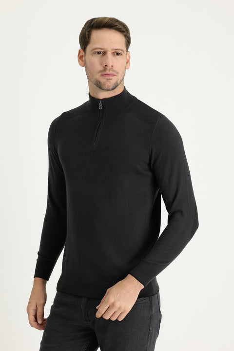 Medium Anthracite Semi-Turtleneck Regular Fit Zip-Up Patterned Cotton Knit Sweater