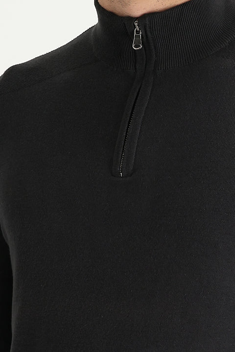 Medium Anthracite Semi-Turtleneck Regular Fit Zip-Up Patterned Cotton Knit Sweater