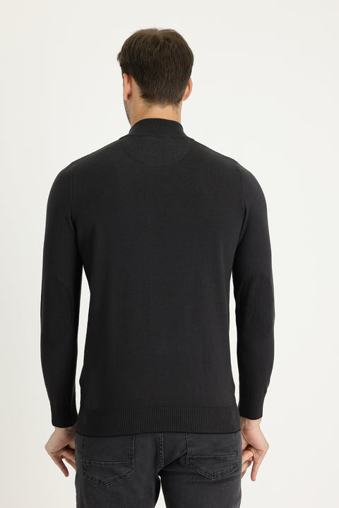 Medium Anthracite Semi-Turtleneck Regular Fit Zip-Up Patterned Cotton Knit Sweater
