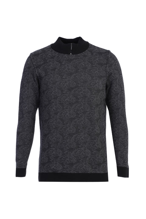 Light Black Half Turtleneck Regular Fit Patterned Knit Sweater