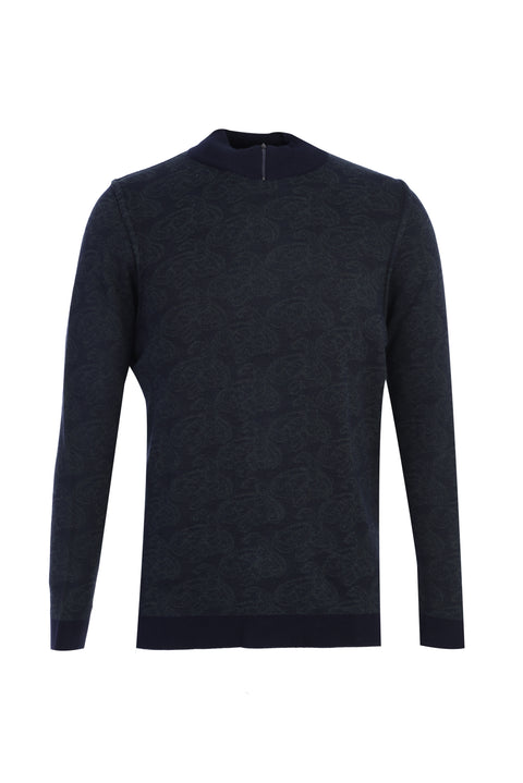 Dark Navy Semi-Turtleneck Regular Fit Patterned Knit Sweater