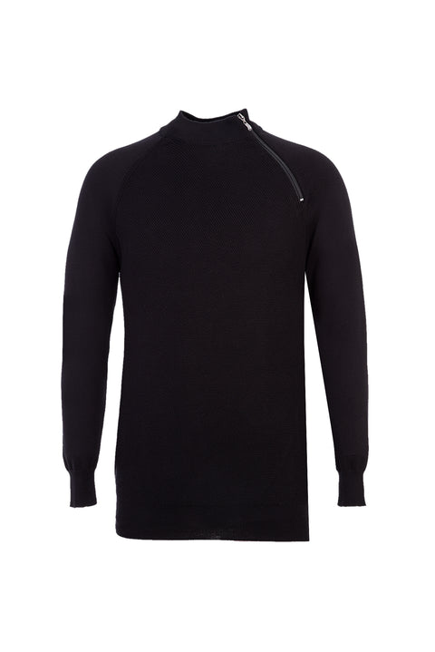 Black Half Turtleneck Regular Fit Zip-Up Patterned Cotton Knit Sweater