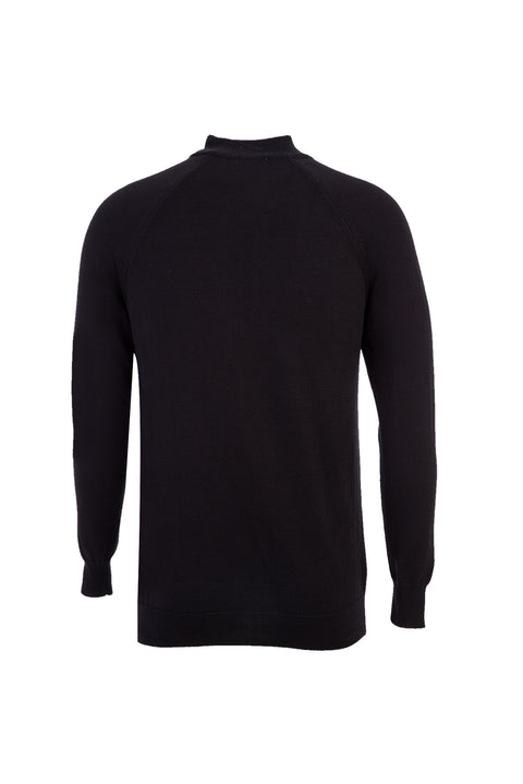 Black Half Turtleneck Regular Fit Zip-Up Patterned Cotton Knit Sweater