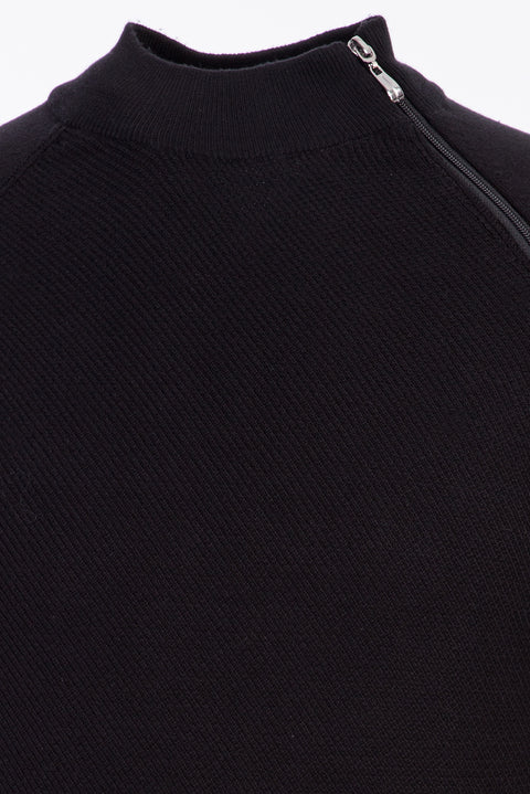 Black Half Turtleneck Regular Fit Zip-Up Patterned Cotton Knit Sweater
