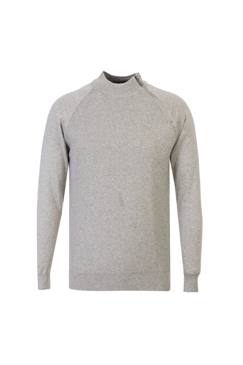 Medium Grey Semi-Turtleneck Regular Fit Zip-Up Patterned Cotton Knit Sweater