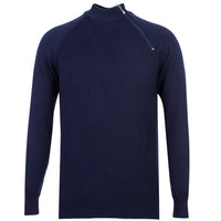 Light Navy Blue Half Turtleneck Regular Fit Zip-Up Patterned Cotton Knit Sweater