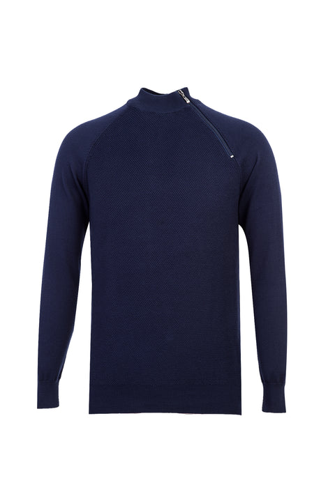 Light Navy Blue Half Turtleneck Regular Fit Zip-Up Patterned Cotton Knit Sweater