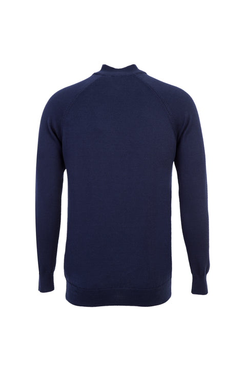 Light Navy Blue Half Turtleneck Regular Fit Zip-Up Patterned Cotton Knit Sweater