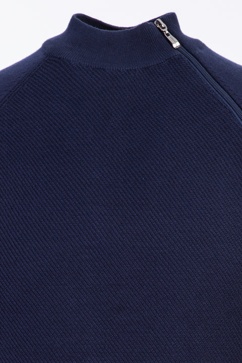 Light Navy Blue Half Turtleneck Regular Fit Zip-Up Patterned Cotton Knit Sweater