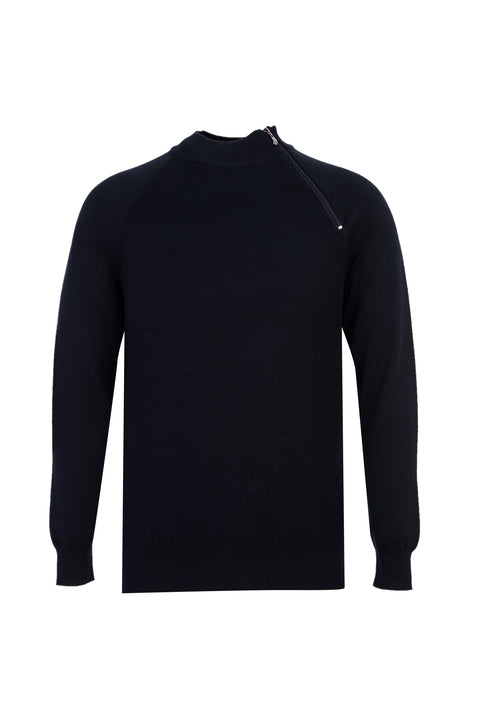 Dark Navy Semi-Turtleneck Regular Fit Zip-Up Patterned Cotton Knit Sweater
