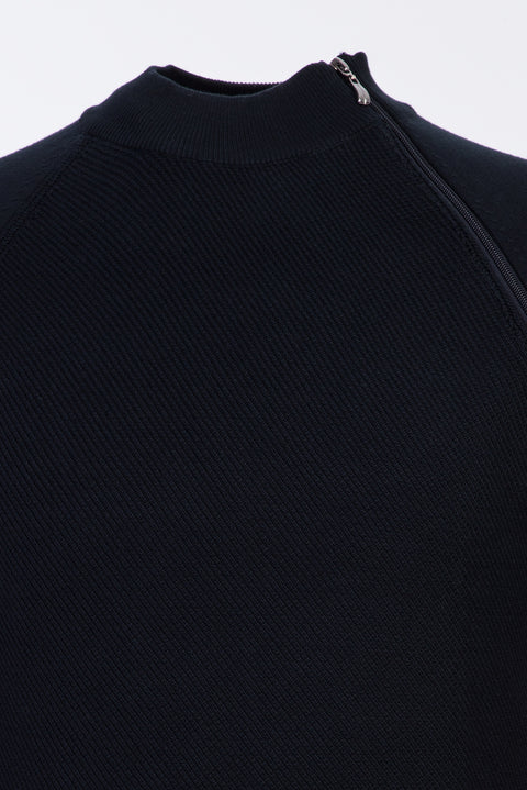 Dark Navy Semi-Turtleneck Regular Fit Zip-Up Patterned Cotton Knit Sweater