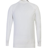 Off-white, semi-turtleneck, regular fit, zippered, patterned cotton knit sweater.