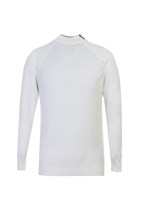 Off-white, semi-turtleneck, regular fit, zippered, patterned cotton knit sweater.