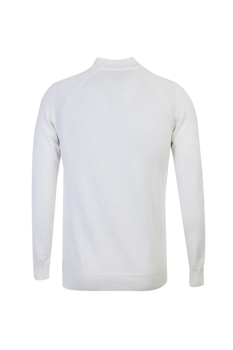 Off-white, semi-turtleneck, regular fit, zippered, patterned cotton knit sweater.