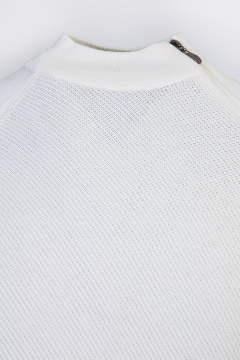 Off-white, semi-turtleneck, regular fit, zippered, patterned cotton knit sweater.