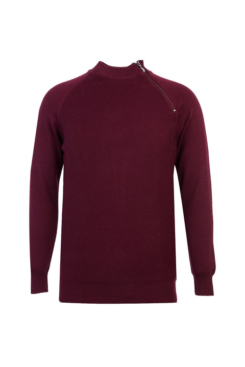 Wine Burgundy Half Turtleneck Regular Fit Zip-Up Patterned Cotton Knit Sweater