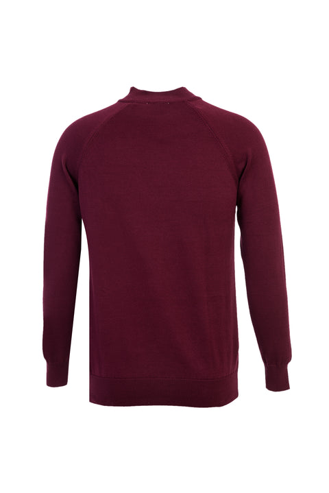 Wine Burgundy Half Turtleneck Regular Fit Zip-Up Patterned Cotton Knit Sweater