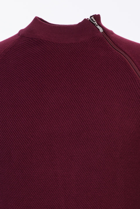 Wine Burgundy Half Turtleneck Regular Fit Zip-Up Patterned Cotton Knit Sweater