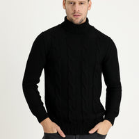 Black Turtleneck Slim Fit Narrow Cut Wool Patterned Knit Sweater