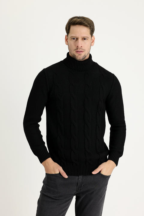 Black Turtleneck Slim Fit Narrow Cut Wool Patterned Knit Sweater