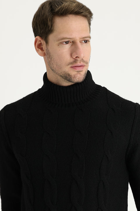 Black Turtleneck Slim Fit Narrow Cut Wool Patterned Knit Sweater