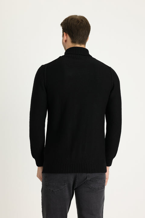 Black Turtleneck Slim Fit Narrow Cut Wool Patterned Knit Sweater