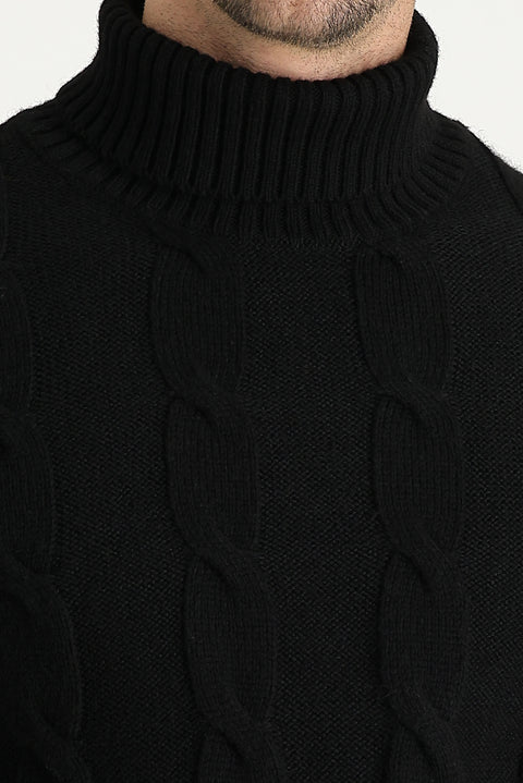 Black Turtleneck Slim Fit Narrow Cut Wool Patterned Knit Sweater