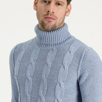 Sky Blue Turtleneck Slim Fit Narrow Cut Wool Patterned Knit Sweater