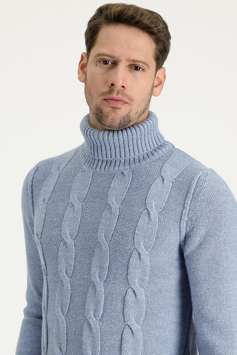 Sky Blue Turtleneck Slim Fit Narrow Cut Wool Patterned Knit Sweater