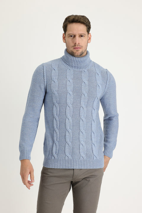 Sky Blue Turtleneck Slim Fit Narrow Cut Wool Patterned Knit Sweater
