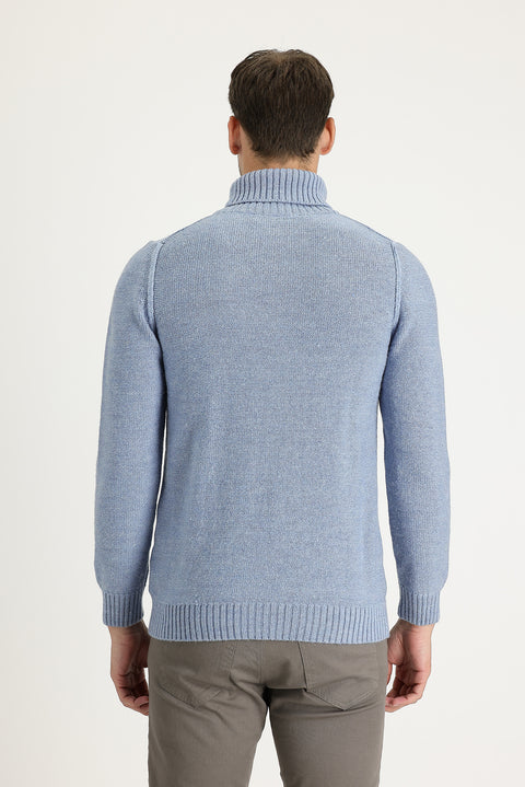 Sky Blue Turtleneck Slim Fit Narrow Cut Wool Patterned Knit Sweater